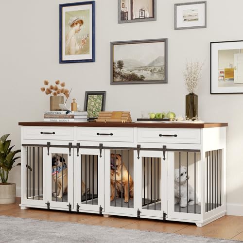 Dog Crate Furniture - Indoor Wooden Dog Kennel Crate with 3 Lockable Sliding Barn Doors